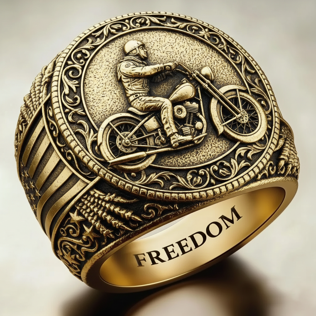 Retro Biker Style Embossed Motorcycle Freedom Gold Tone Ring