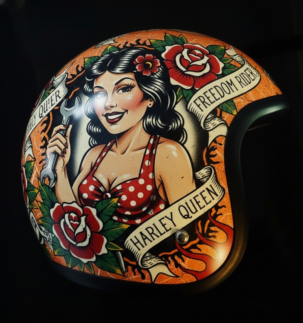 Vintage Rock Culture Distressed Graphics Open Face Motorcycle Helmet