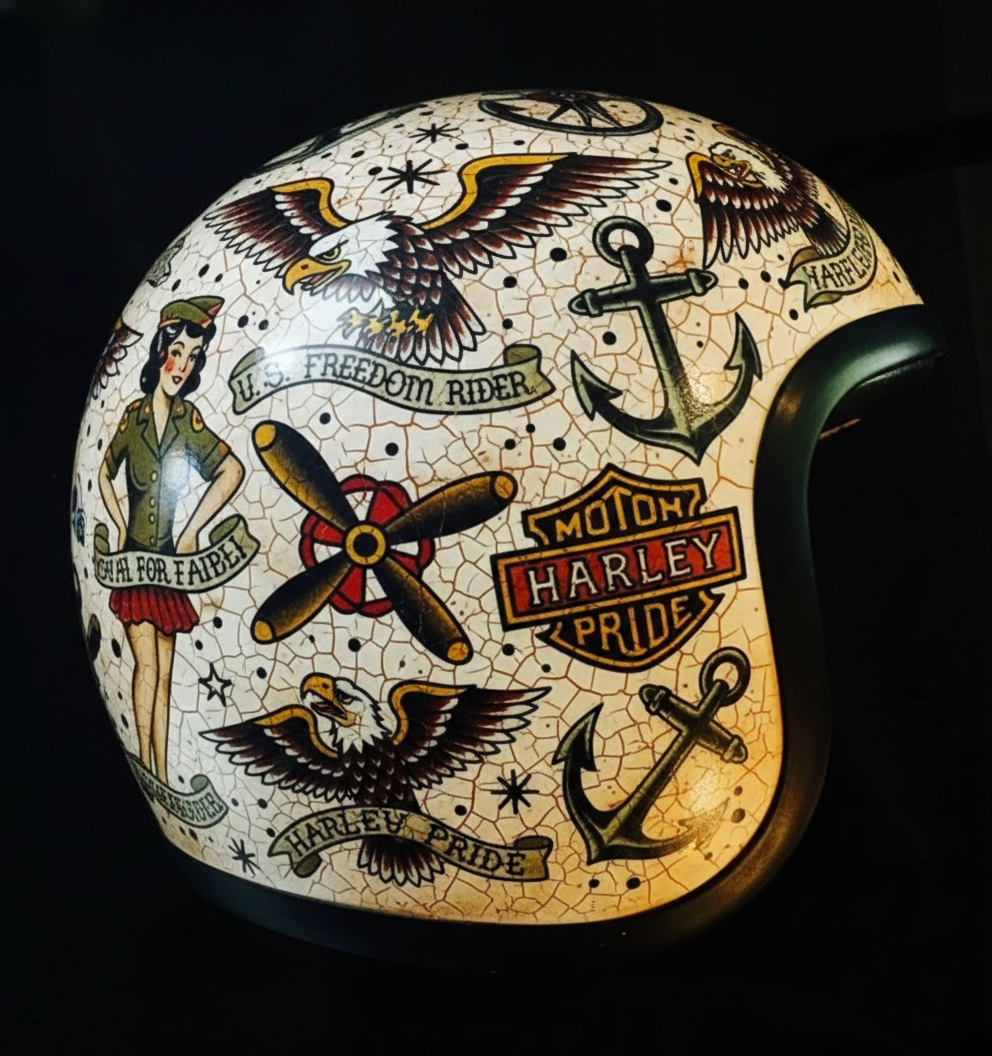 Vintage Rock Culture Distressed Graphics Open Face Motorcycle Helmet