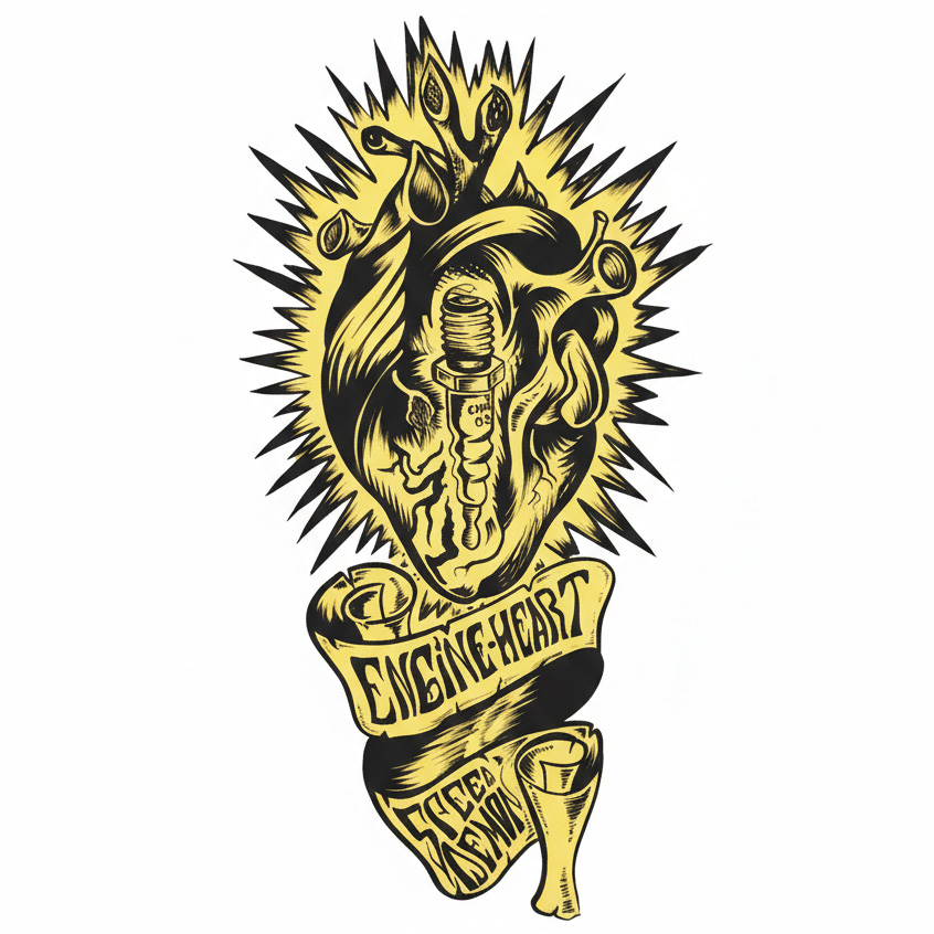 Vintage distressed yellow engine heart flames motorcycle gas tank decal