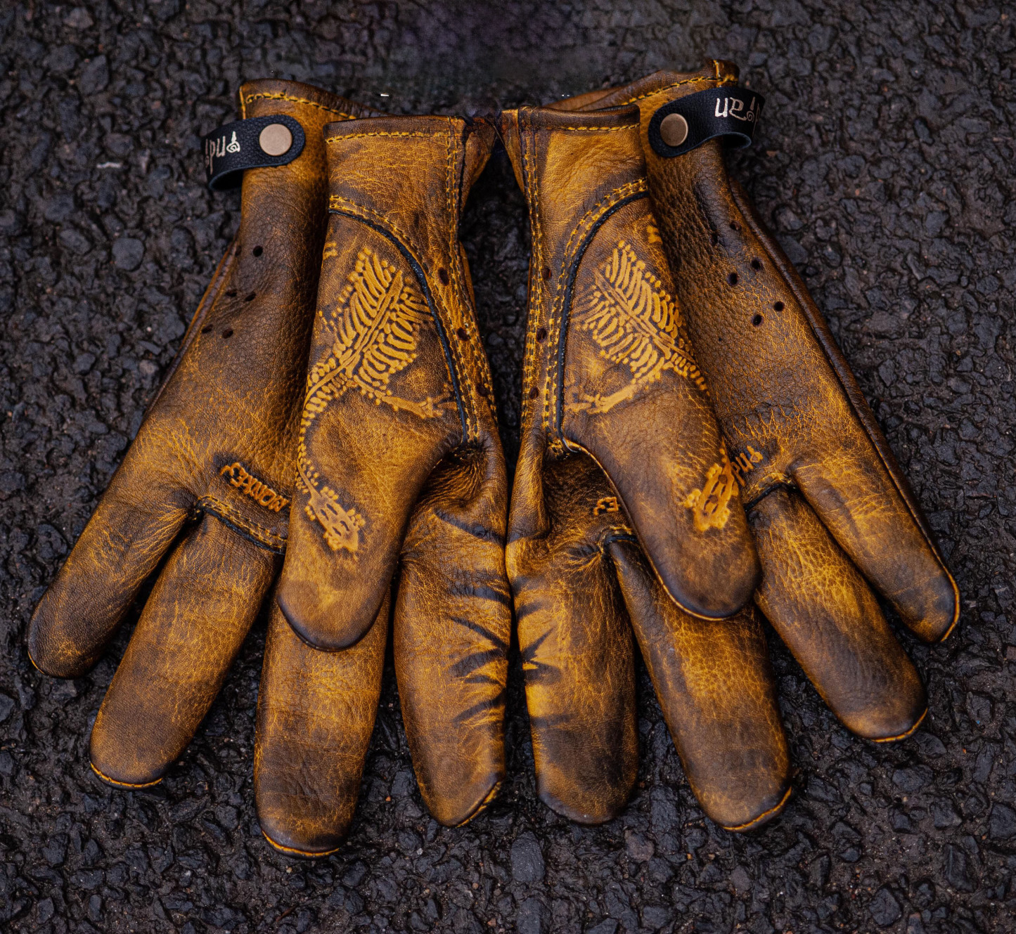 Vintage Distressed Leather Skeleton Hand Print Motorcycle Riding Gloves