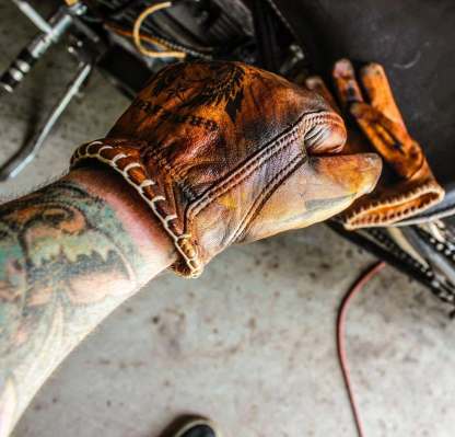 Vintage Distressed Leather Skull Graphic Custom Motorcycle Riding Gloves