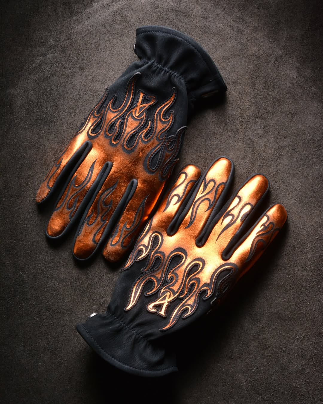 Vintage Biker Metallic Bronze Flame Embossed Leather Riding Gloves