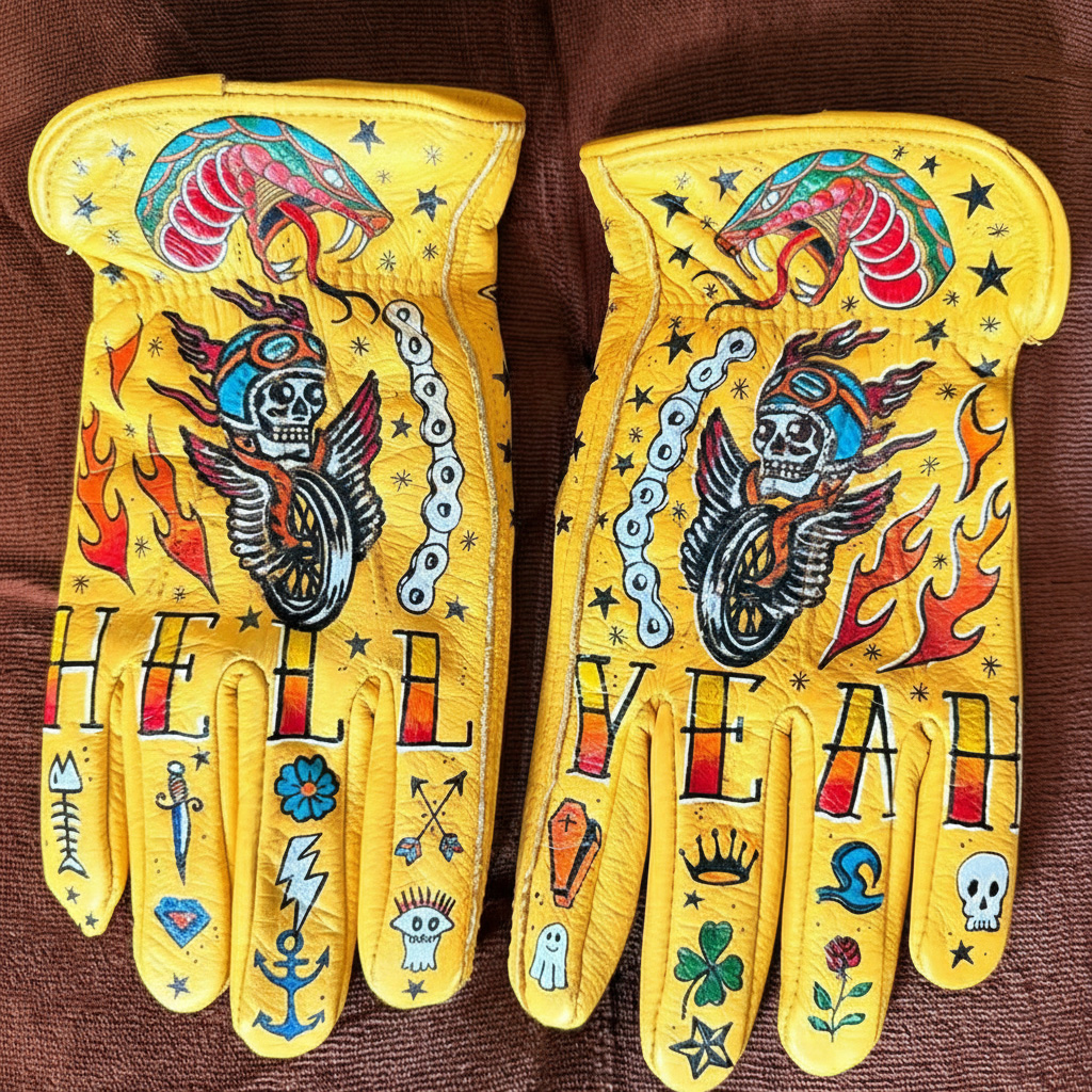 Vintage Biker Tattoo Style Hand-Painted Leather Motorcycle Gloves