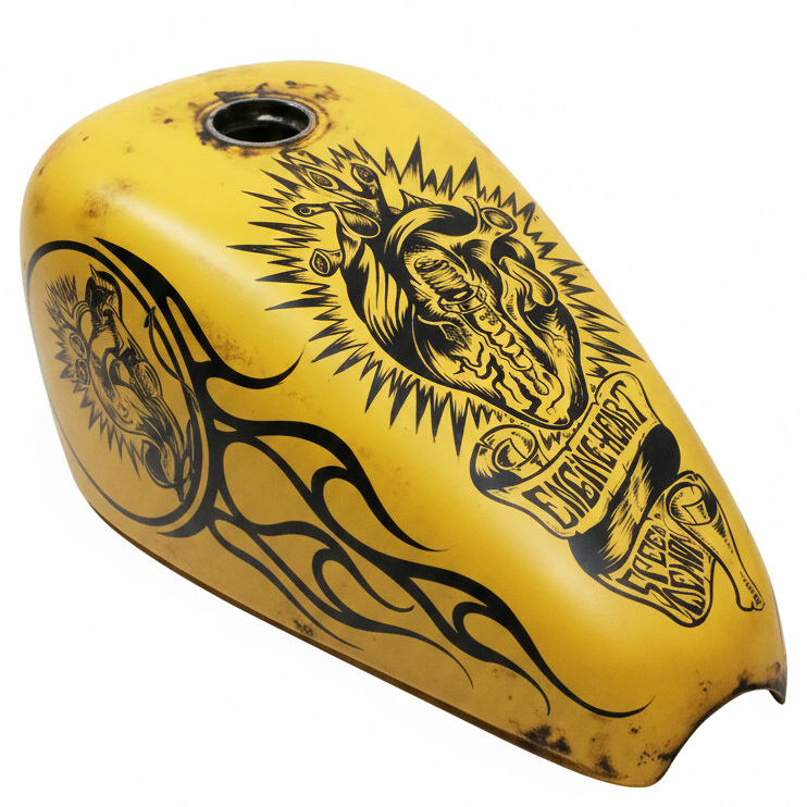 Vintage distressed yellow engine heart flames motorcycle gas tank decal
