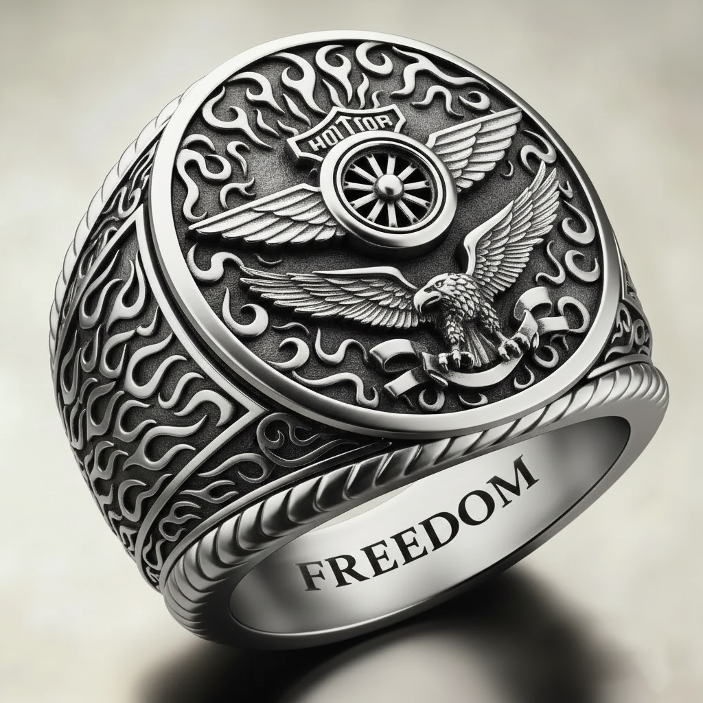Hardcore Biker Style Twin Engine Flame Engraved Silver Ring