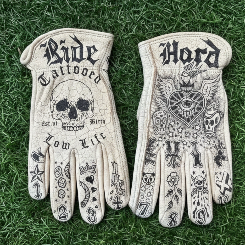 Vintage Tattoo Style Leather Motorcycle Riding Work Gloves