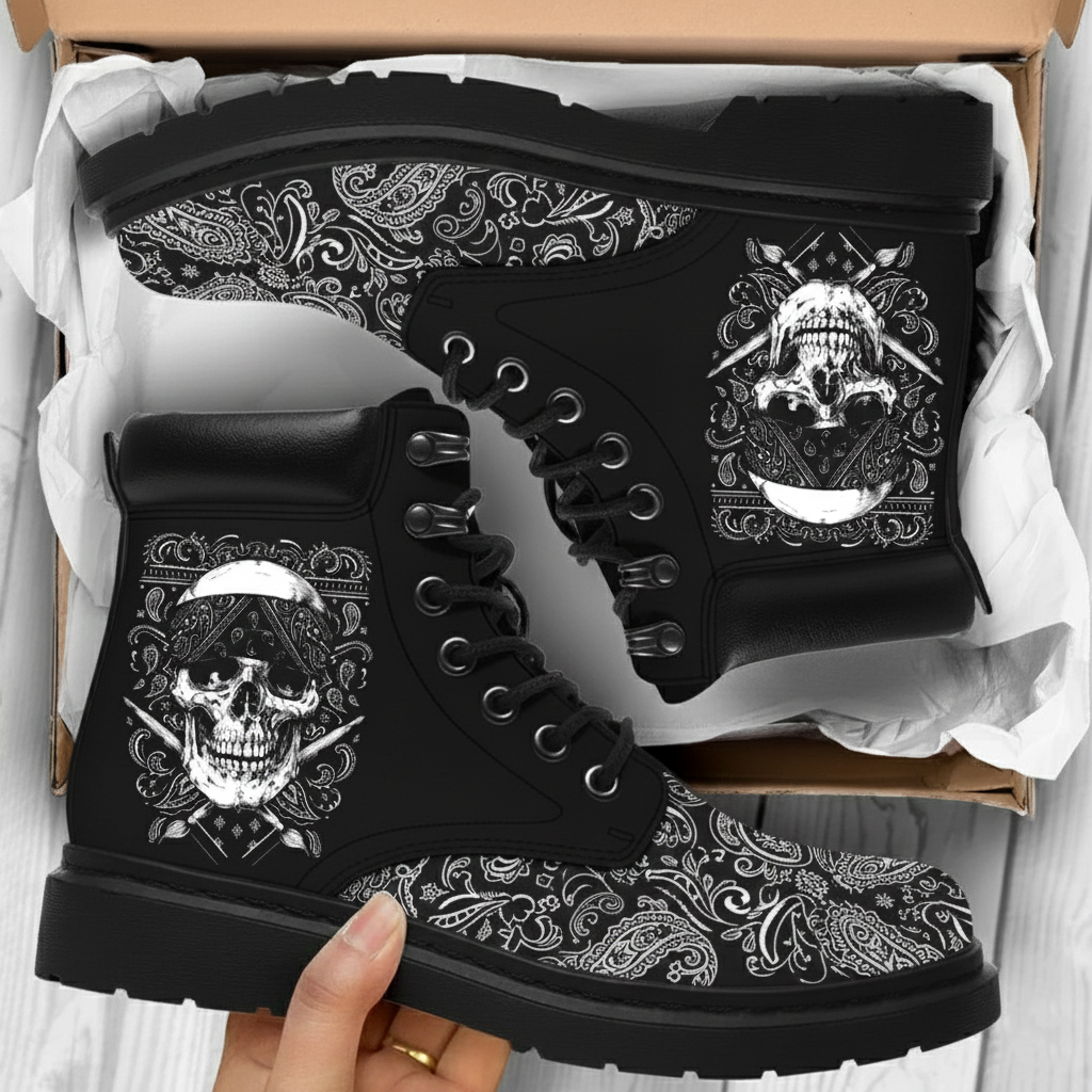 Gothic Skull Graphic Combat Boots