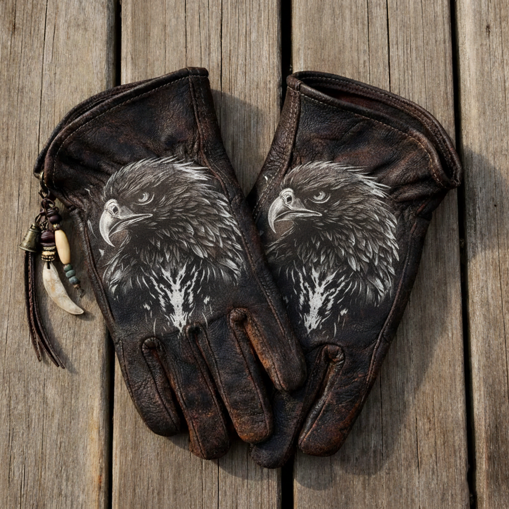 American Frontier Style Majestic Eagle Graphic Distressed Leather Gloves