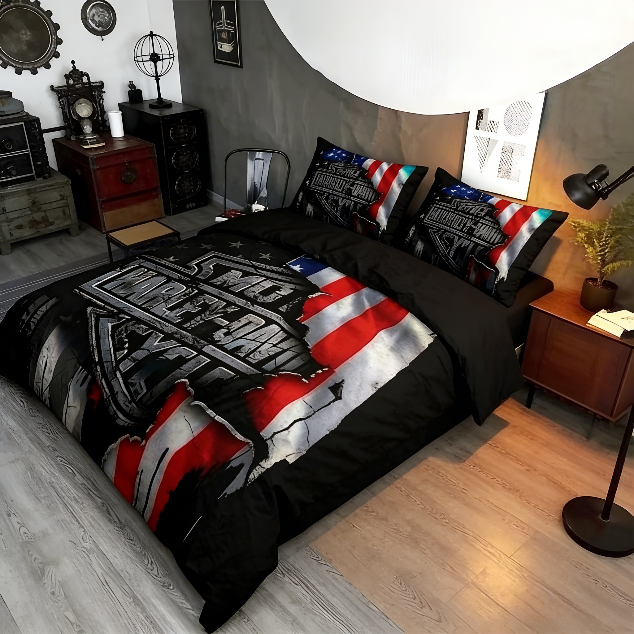 Retro Harley-Davidson style pattern 3-Piece Quilted Bedding Set