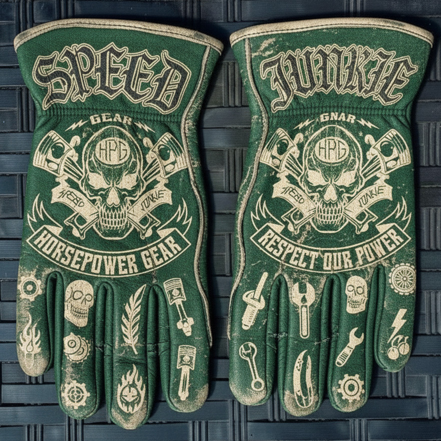 Vintage Mechanic Skull Graphic Green Leather Work Gloves