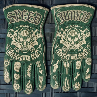 Vintage Mechanic Skull Graphic Green Leather Work Gloves