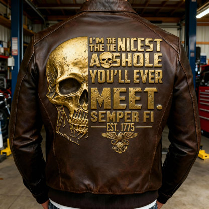 “NICEST ASSHOLE YOU’LL EVER MEET” Leather Jacket – Skull & Bold Motto Design