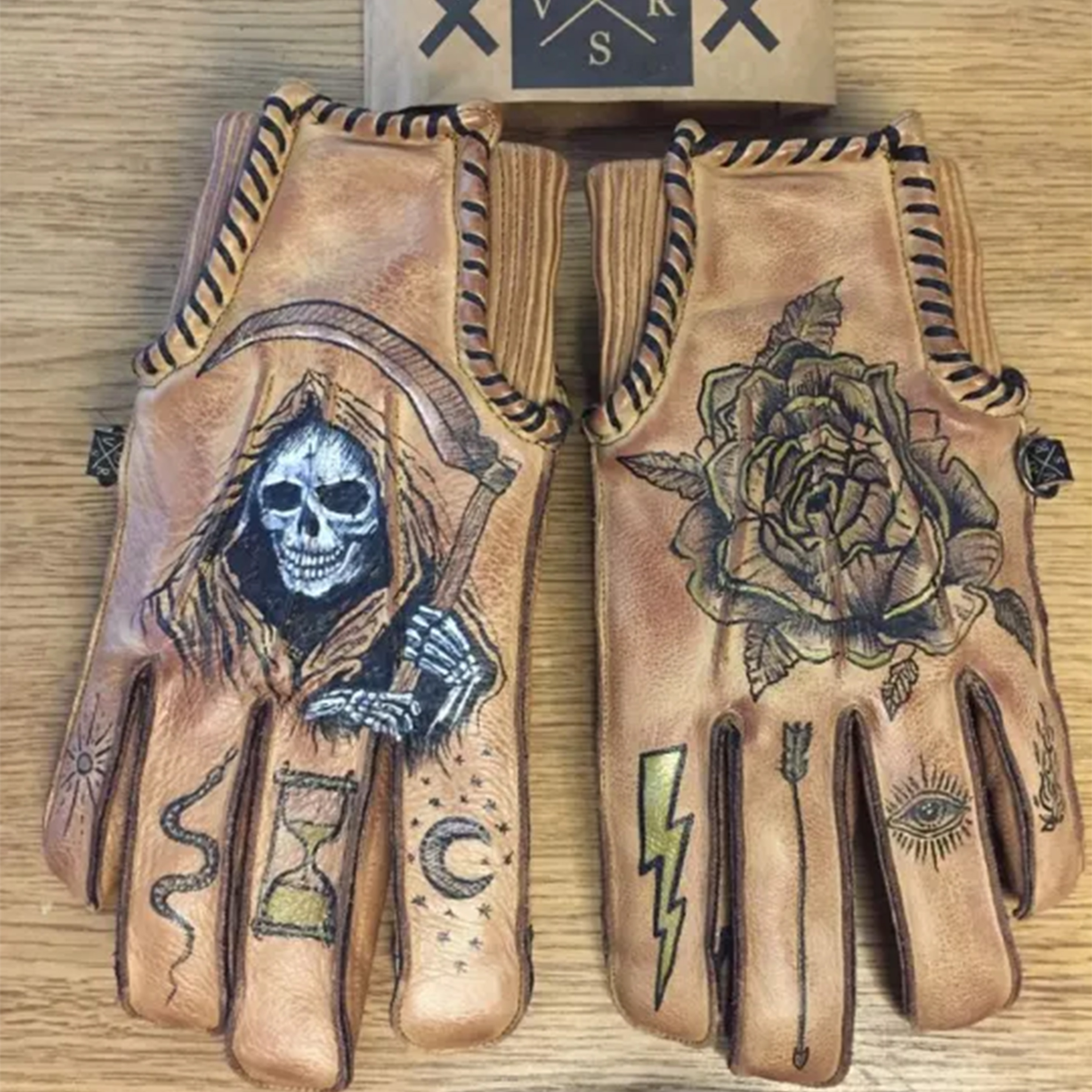 Print Vintage Leather Work Gloves