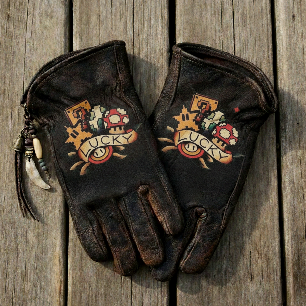 Vintage Distressed Leather Gloves with Retro Pixel Art Design
