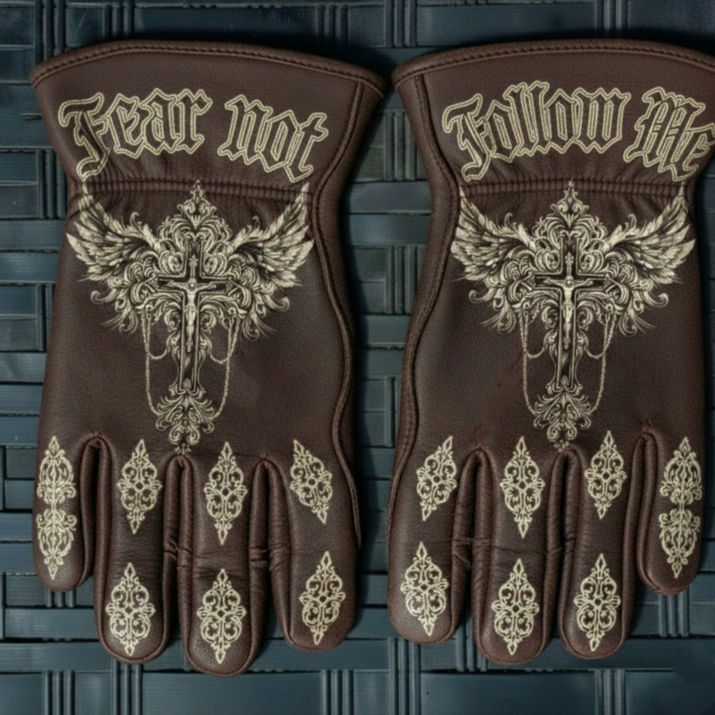 Gothic Retro Fear Not Follow Me Ornate Leather Riding Gloves