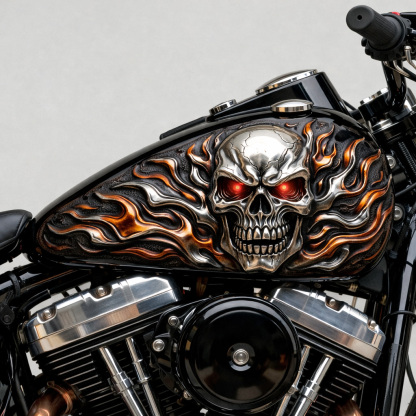 Gothic 3D Chrome Skull With Glowing Red Eyes Fuel Tank Decal