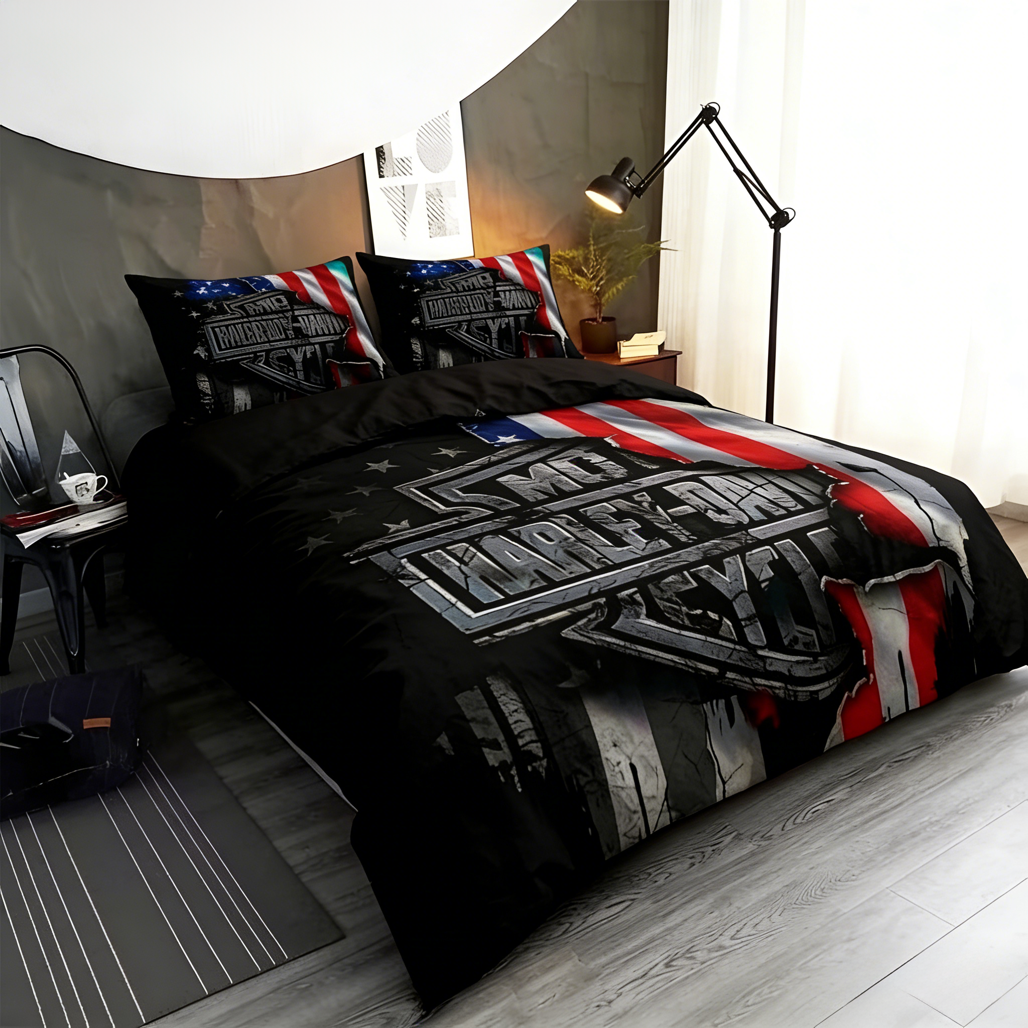 Retro Harley-Davidson style pattern 3-Piece Quilted Bedding Set