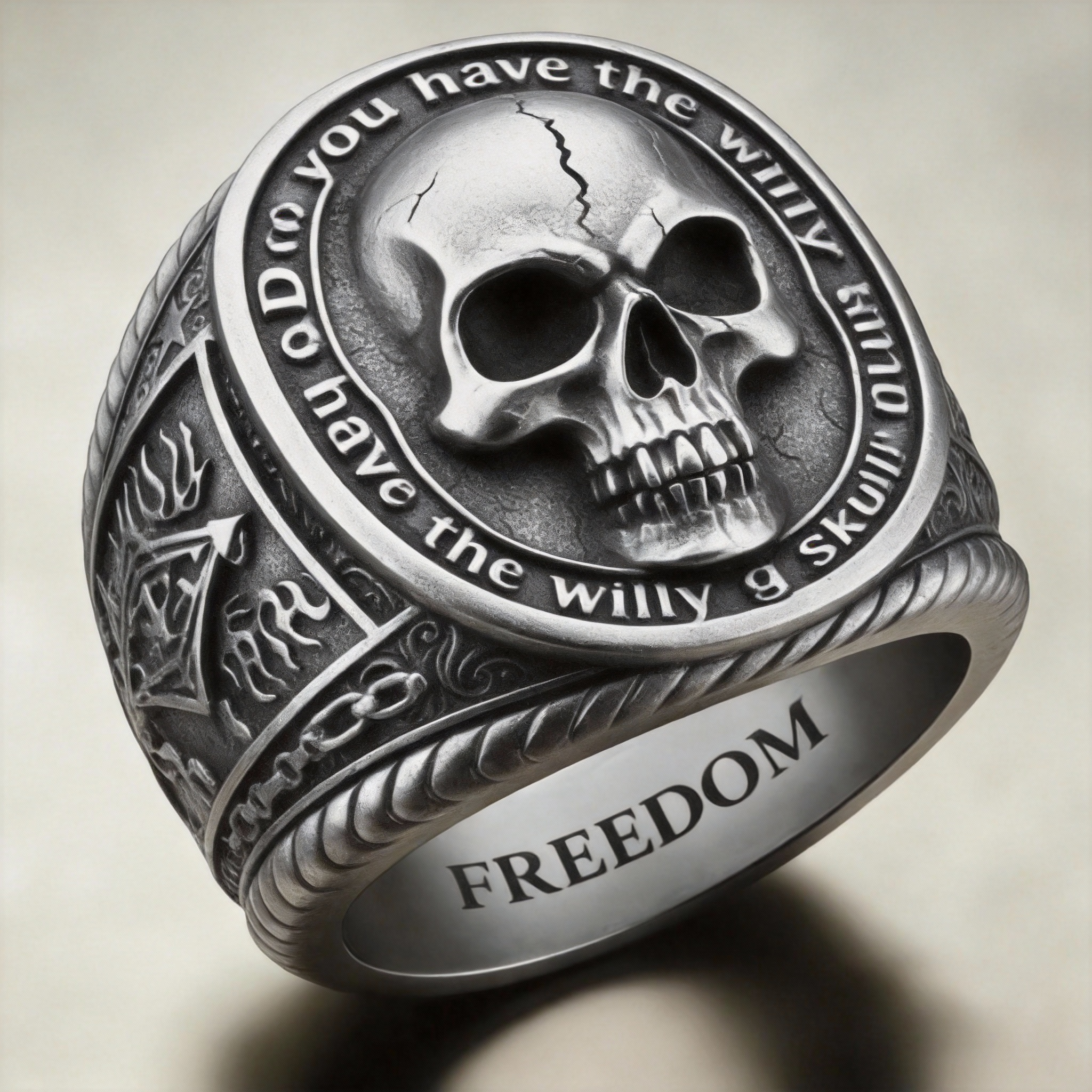 Gothic silver skull ring with engraved freedom hidden message