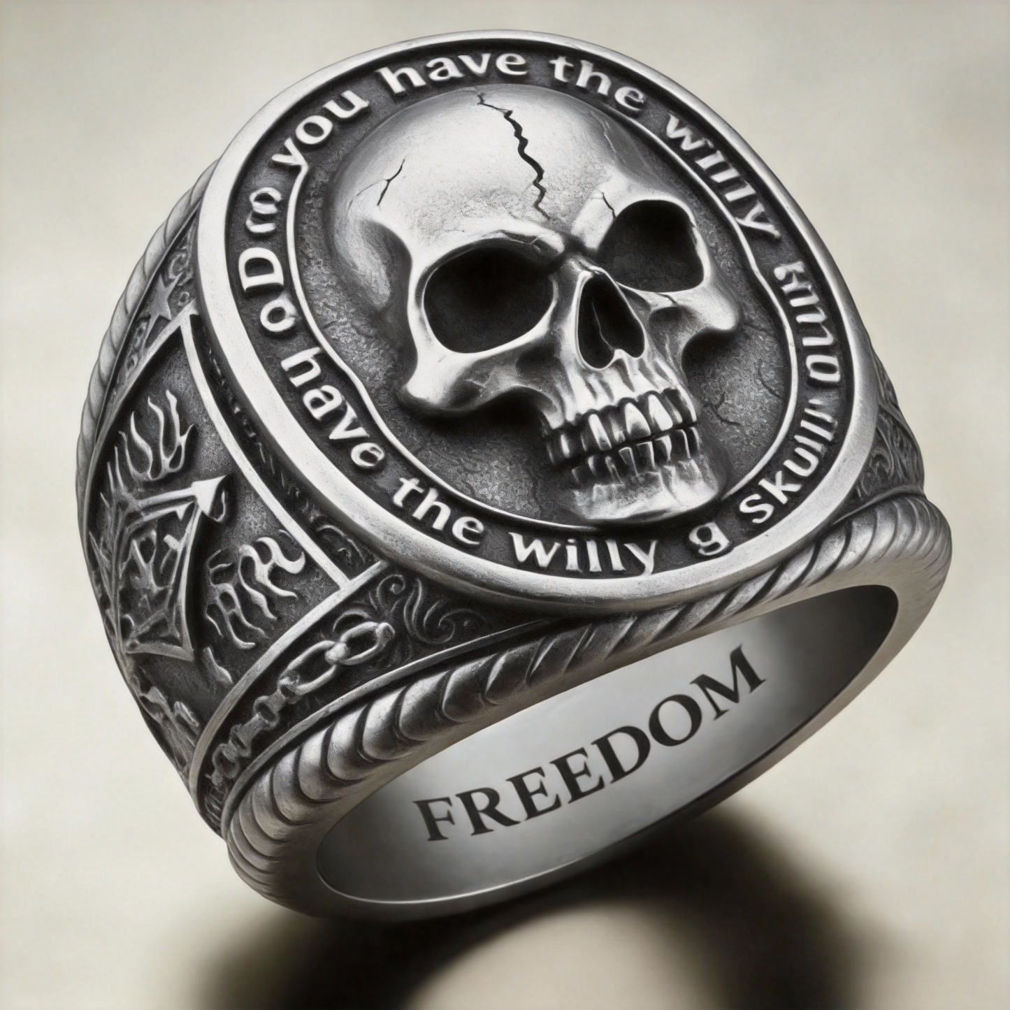 Gothic silver skull ring with engraved freedom hidden message