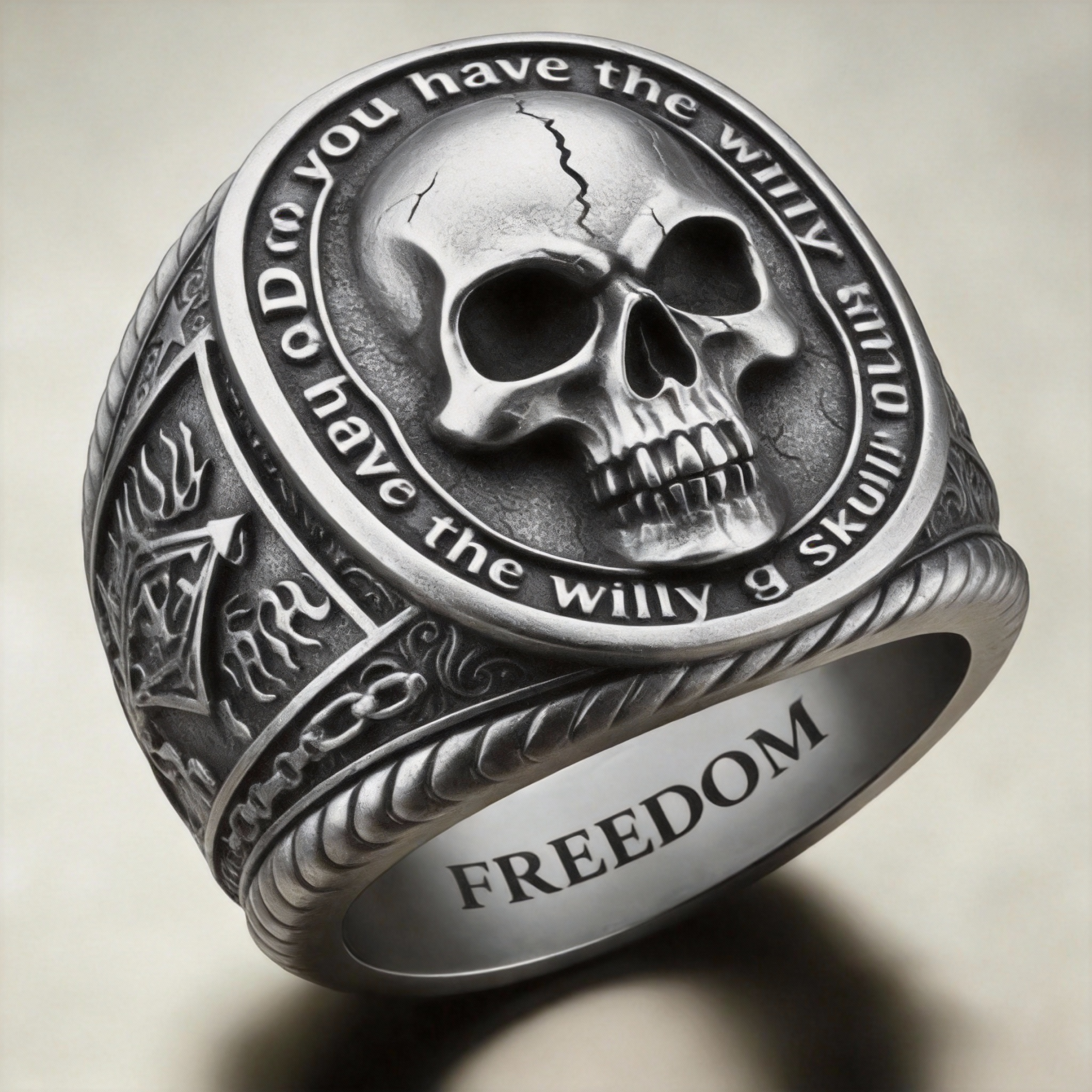 Gothic silver skull ring with engraved freedom hidden message
