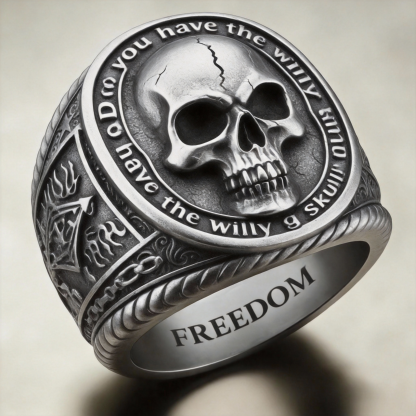 Gothic silver skull ring with engraved freedom hidden message