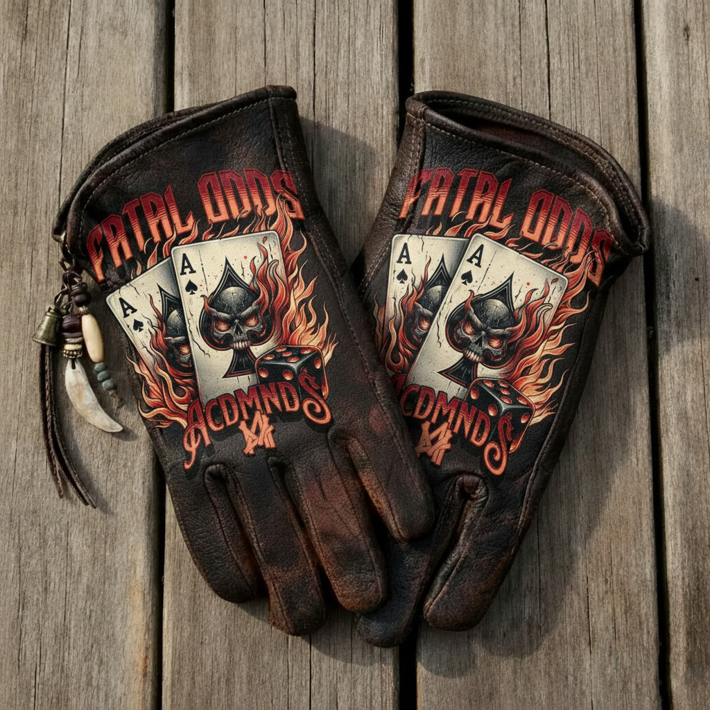 Vintage Distressed Leather Motorcycle Gloves with Skull Ace Design