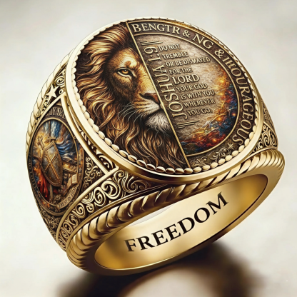 Religious Gold Lion Head Joshua 1:9 Bible Verse Statement Ring