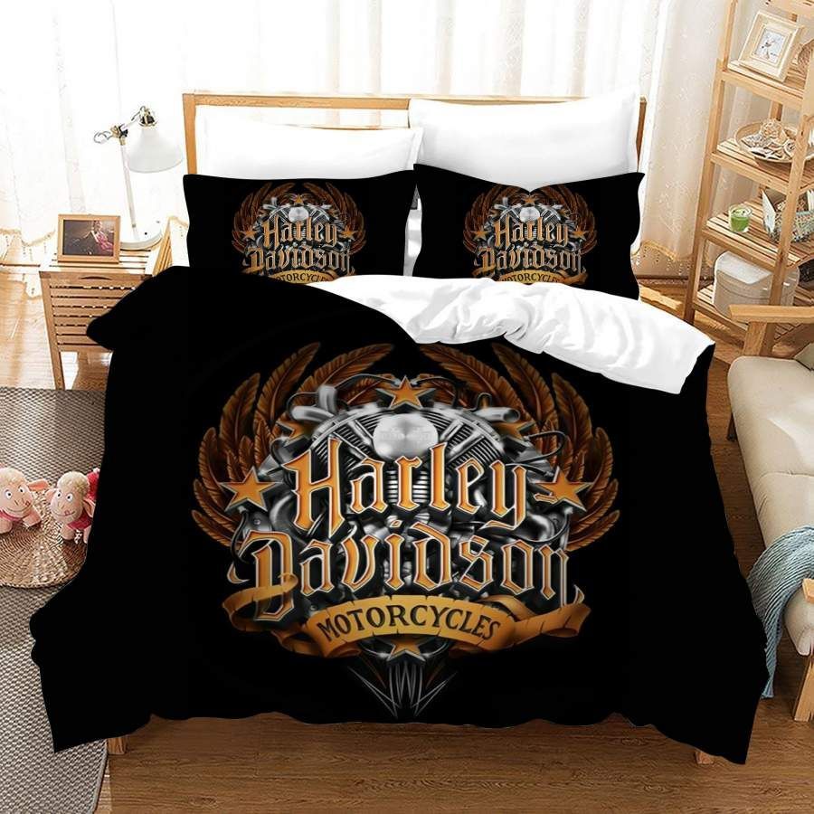 Retro Harley-Davidson style pattern 3-Piece Quilted Bedding Set
