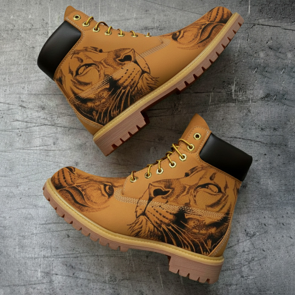 Streetwear Style Lion Head Illustration Printed Yellow Work Boots