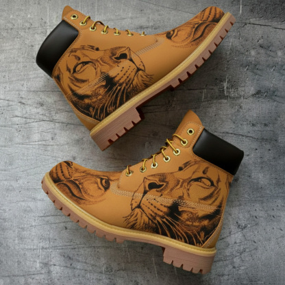 Streetwear Style Lion Head Illustration Printed Yellow Work Boots
