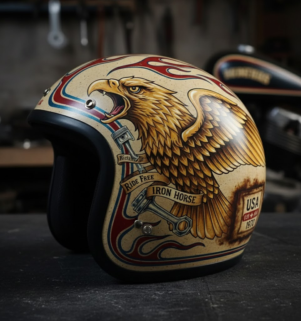 Retro Flashback: Traditional Tattoo Art Biker Helmet