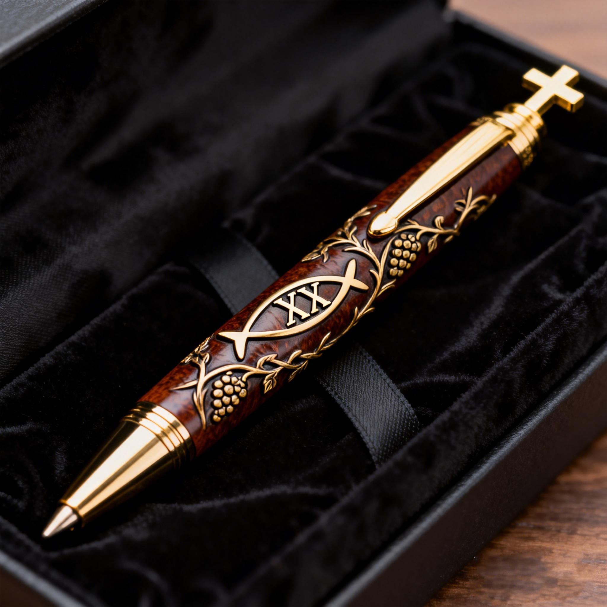 ✝️Religious Vintage Wood Pen with Golden Cross and Fish Symbol