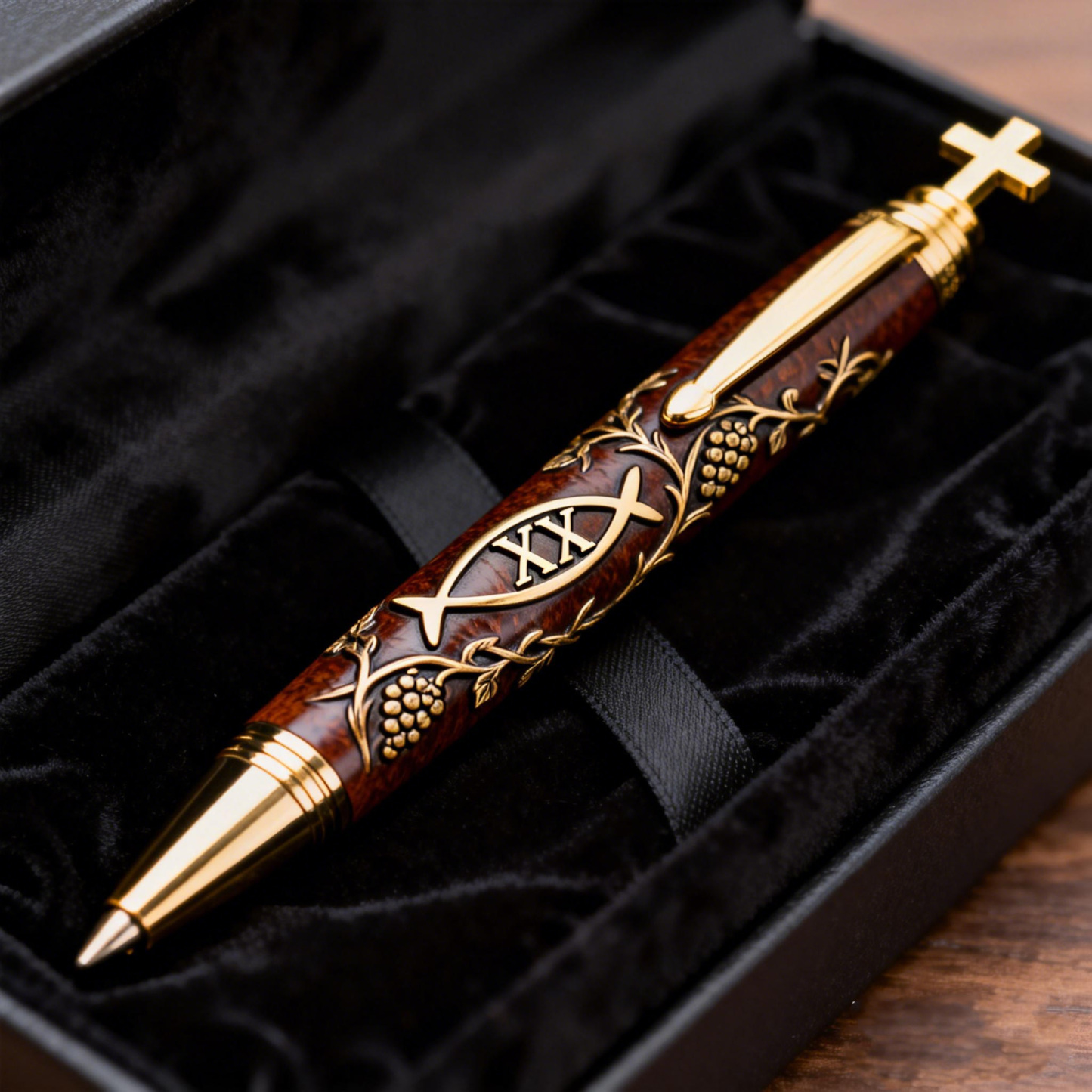 ✝️Religious Vintage Wood Pen with Golden Cross and Fish Symbol