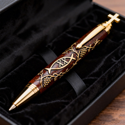✝️Religious Vintage Wood Pen with Golden Cross and Fish Symbol