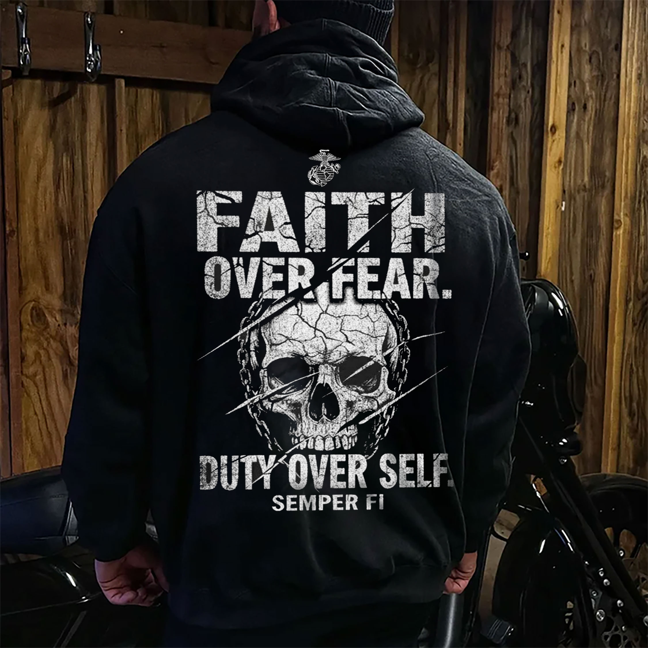 Faith Over Fear Skull Hoodie – Duty Over Self, Semper Fi Military Style Sweatshirt for Men