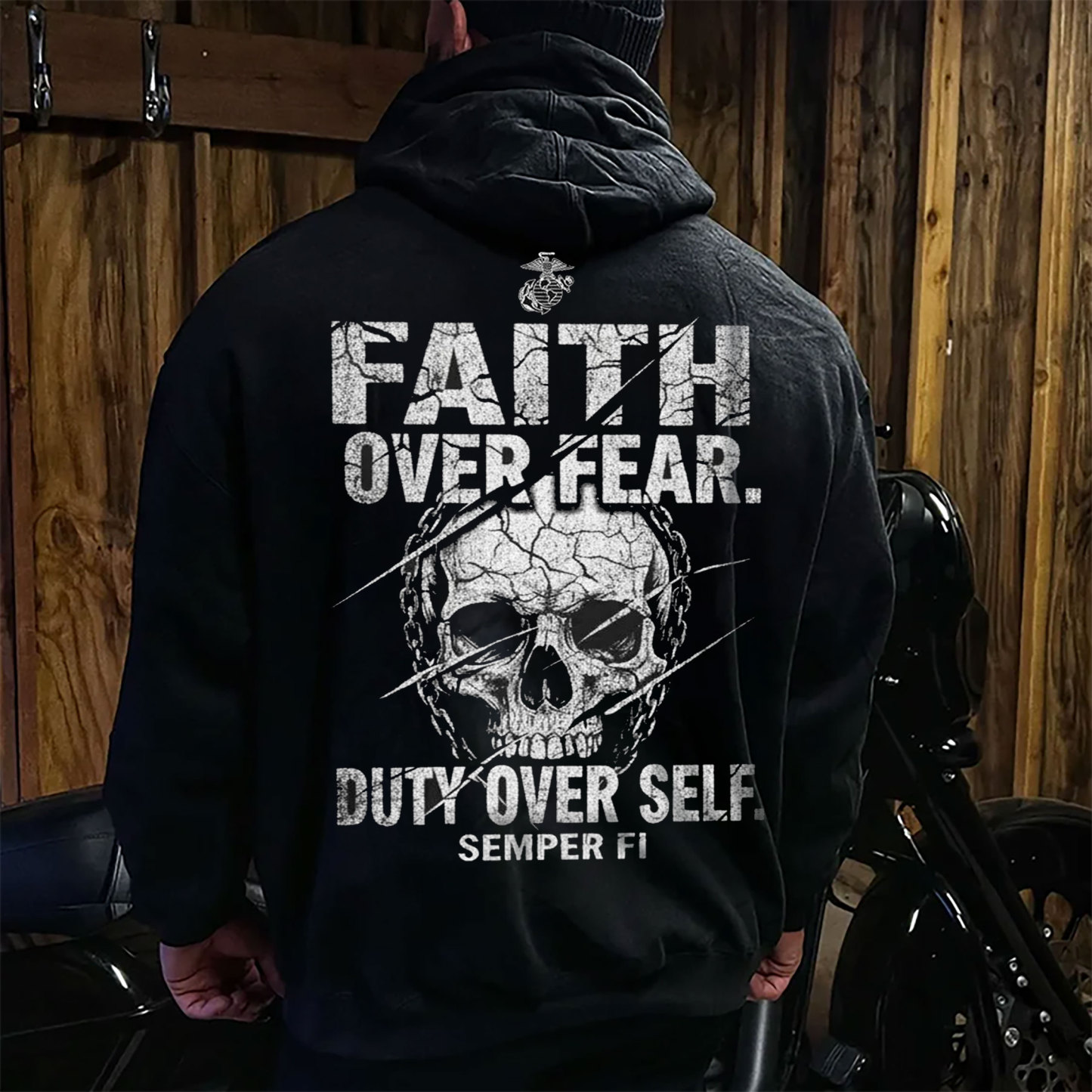Faith Over Fear Skull Hoodie – Duty Over Self, Semper Fi Military Style Sweatshirt for Men