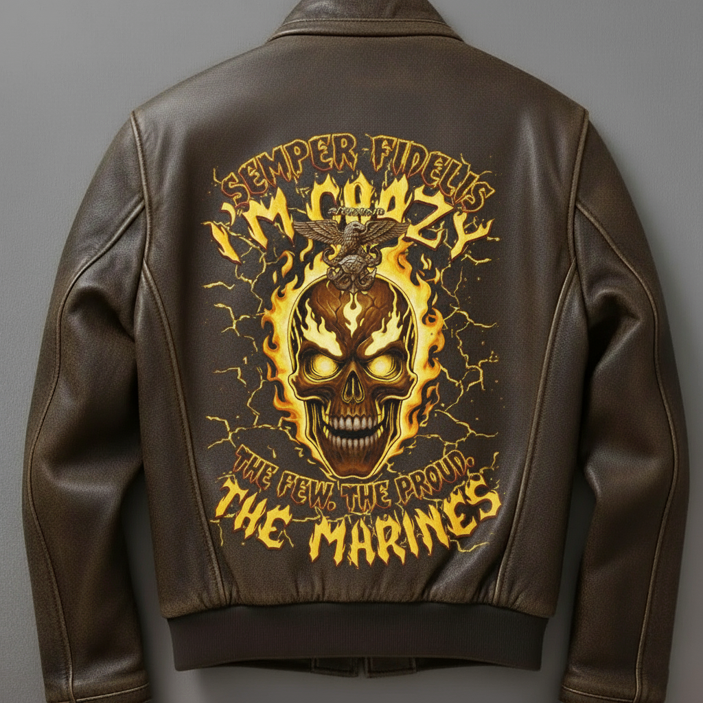 Eagle emblem, skull and flame badge leather jacket