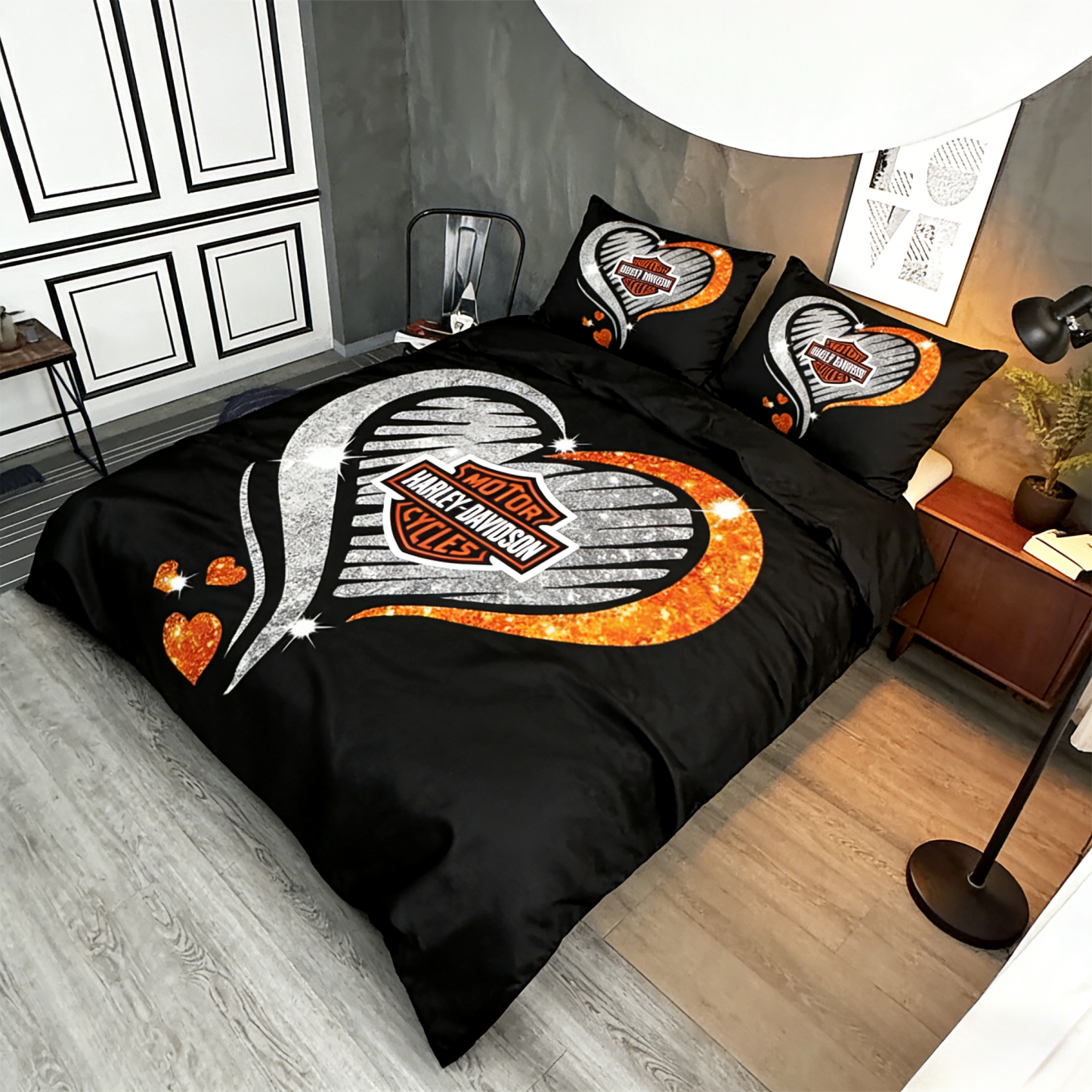 Retro Harley-Davidson style pattern 3-Piece Quilted Bedding Set