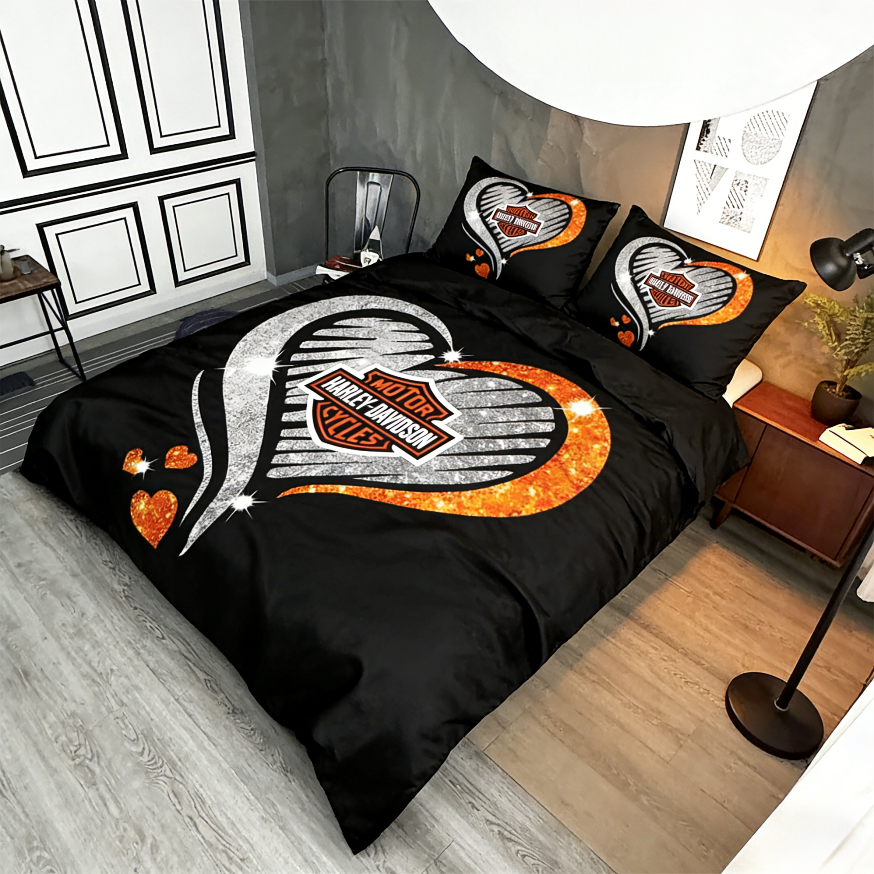 Retro Harley-Davidson style pattern 3-Piece Quilted Bedding Set
