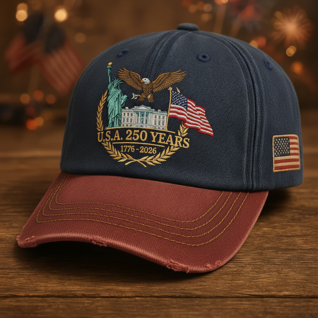 U.S.A. 250th Birthday Baseball Cap, Retro Color - Block Hat with Elements of Statue of Liberty, Bald Eagle, etc.