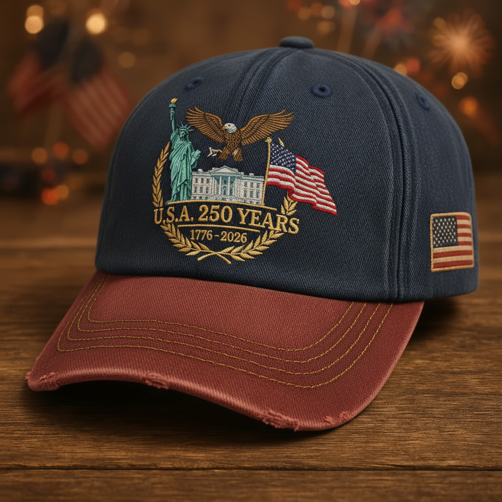 U.S.A. 250th Birthday Baseball Cap, Retro Color - Block Hat with Elements of Statue of Liberty, Bald Eagle, etc.