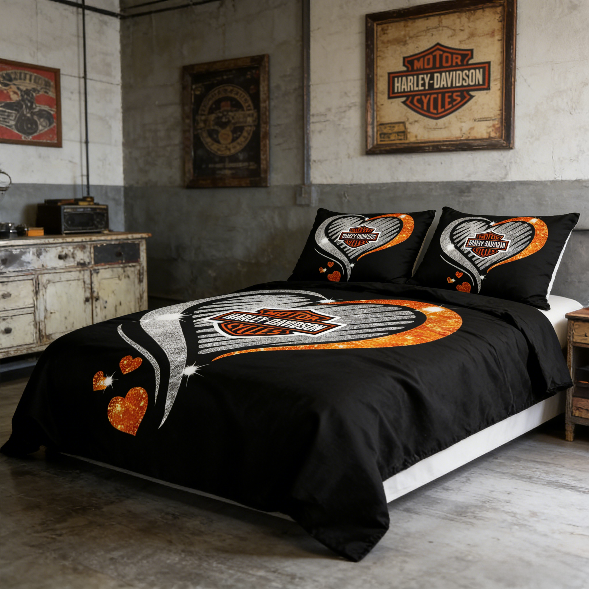Retro Harley-Davidson style pattern 3-Piece Quilted Bedding Set