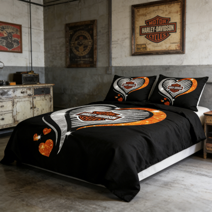 Retro Harley-Davidson style pattern 3-Piece Quilted Bedding Set