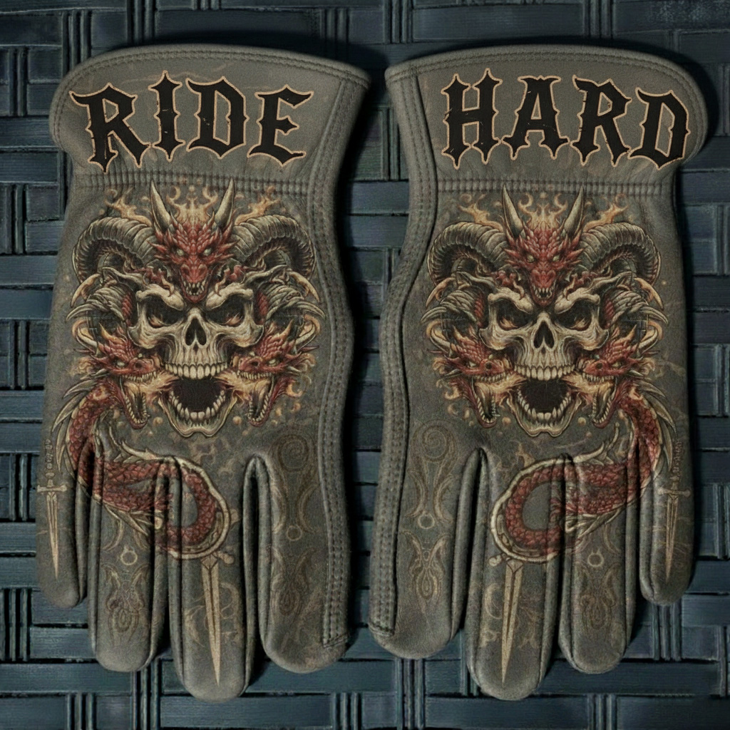Apocalyptic Wasteland Style Dragon Skull Ride Hard Grey Leather Gloves