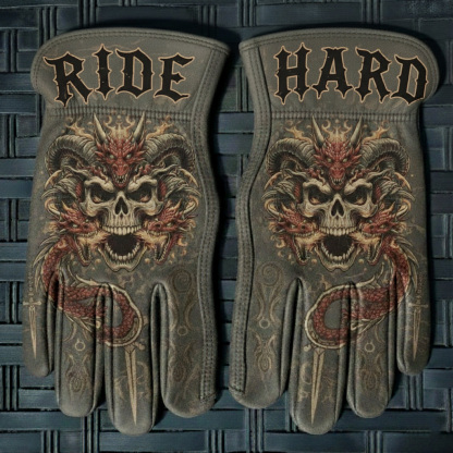 Apocalyptic Wasteland Style Dragon Skull Ride Hard Grey Leather Gloves