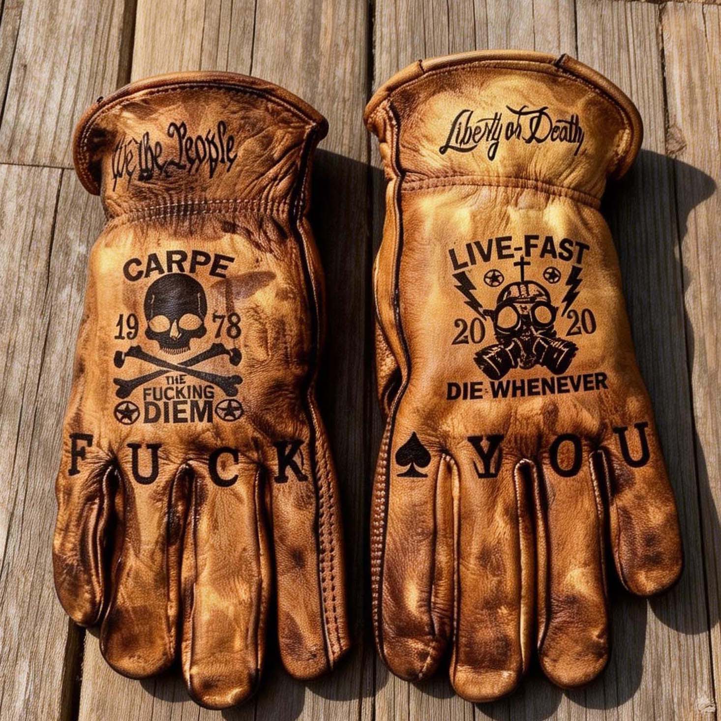 Distressed Hardcore Biker Skull Graphic Leather Protective Gloves