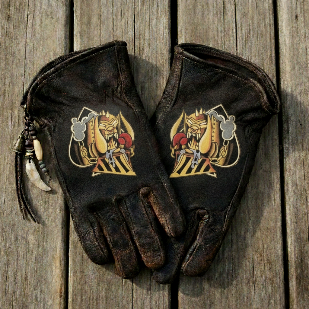 Dieselpunk Weathered Leather Biker Gloves with Monster Train Art
