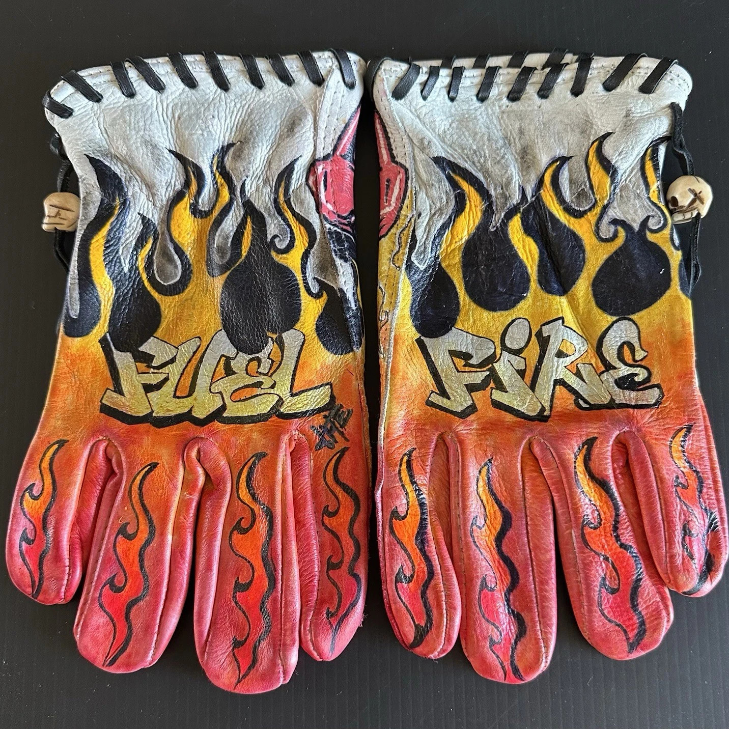 Hot Rod Rebel Style Hand Painted Flame Graphic Leather Gloves