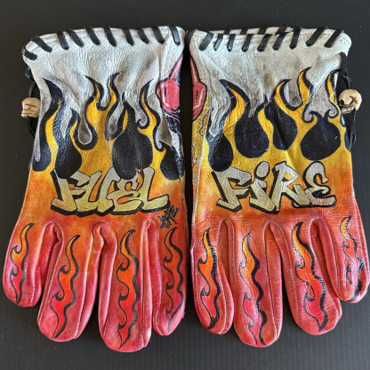 Hot Rod Rebel Style Hand Painted Flame Graphic Leather Gloves